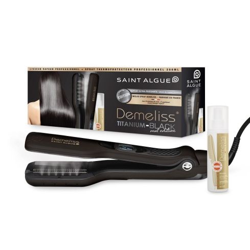DEMELISS Titanium Black Комплект преса + спрей за коса Liss & Protect