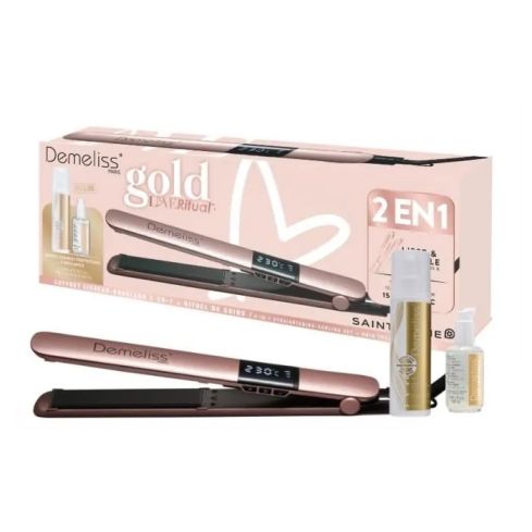 DEMELISS Gold Love 2 in 1 Комплект преса за коса + спрей Liss & Protect и серум Elixir de Brillance.